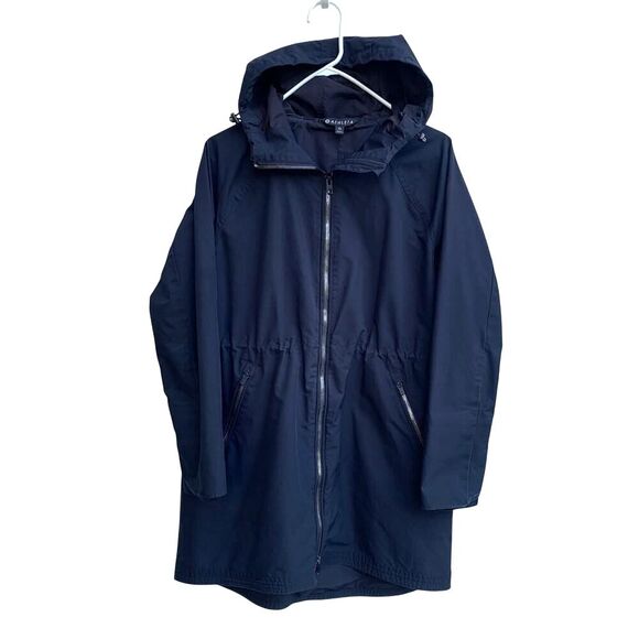 Athleta Cloudburst Jacket Size XS Black Hooded Long Raincoat Water-Resistant - Picture 1 of 15